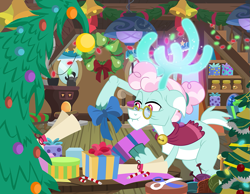 Size: 1161x900 | Tagged: safe, artist:pixelkitties, imported from derpibooru, part of a set, aurora the reindeer, deer, reindeer, antlers, bow, candy, candy cane, christmas, christmas lights, christmas presents, christmas tree, clothes, cloven hooves, food, glasses, holiday, i can't believe it's not hasbro studios, present, round glasses, scarf, scissors, solo, tree, unshorn fetlocks, wreath, yarn, yarn ball