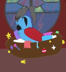 Size: 2727x2947 | Tagged: safe, imported from derpibooru, oc, oc:stolas, bird, demon, original species, owl, bell, christmas ornament, decoration, g5, my little pony: a new generation, my little pony: make your mark, nest, ornament, ornaments, solo, stained glass, stained glass window