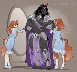 Size: 1000x933 | Tagged: safe, artist:evehly, imported from derpibooru, king sombra, oc, oc:marigold, oc:marigold (evehly), oc:mirabelle, anthro, earth pony, unguligrade anthro, unicorn, abs, armor, cape, clothes, coat markings, dappled, dress, dressing, earth pony oc, loincloth, male, male nipples, mirror, muscles, muscular male, nipples, nudity, sewing, tailor, trio, unconvincing armor, unshorn fetlocks