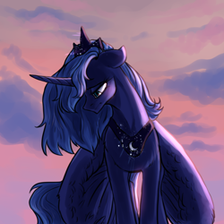 Size: 1024x1024 | Tagged: safe, artist:not-ordinary-pony, derpibooru exclusive, imported from derpibooru, princess luna, chest fluff, crown, dawn, ears back, jewelry, peytral, regalia, s1 luna, sad, sky, solo, sparkles, standing, sternocleidomastoid, wings, wings down