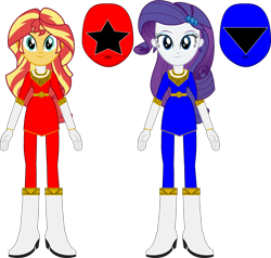 Size: 2298x2190 | Tagged: safe, artist:dustinwatsongkx, imported from derpibooru, rarity, sunset shimmer, human, equestria girls, blue ranger, chouriki sentai ohranger, duo, duo female, eyebrows, eyeshadow, female, high res, looking at you, makeup, power rangers, power rangers zeo, red ranger, simple background, smiling, smiling at you, super sentai, transparent background, vector