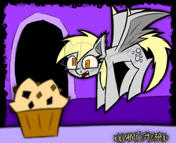 Size: 1956x1586 | Tagged: safe, artist:xxv4mp_g4z3rxx, imported from derpibooru, derpy hooves, bat pony, pony, bat ponified, blonde mane, blonde tail, female, flying, food, gray coat, happy, mare, muffin, race swap, signature, smiling, solo, tail