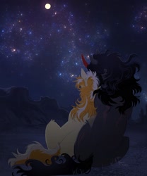 Size: 1614x1944 | Tagged: safe, artist:ghoulhowls, imported from derpibooru, braeburn, king sombra, earth pony, pony, unicorn, crack shipping, gay, looking away, male, moon, mountain, mountain range, night, night sky, shipping, sky, snuggling, sombraeburn, stars