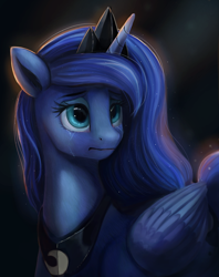 Size: 1650x2079 | Tagged: safe, artist:camyllea, imported from derpibooru, princess luna, alicorn, pony, blue eyes, crepuscular rays, crying, female, mare, sad, solo, speedpaint available, wings