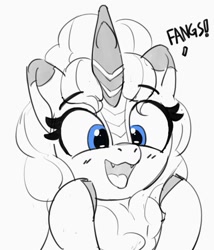 Size: 830x971 | Tagged: safe, artist:pabbley, imported from derpibooru, pinkie pie, kirin, bust, cloven hooves, cute, cute little fangs, diapinkes, fangs, grayscale, kirin pinkie, kirin-ified, monochrome, open mouth, open smile, partial color, simple background, smiling, solo, species swap, white background