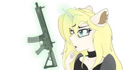 Size: 3840x2160 | Tagged: safe, artist:straighttothepointstudio, imported from derpibooru, oc, oc only, anthro, unicorn, anthro oc, assault rifle, clothes, digital art, female, freckles, g5, glasses, glowing, glowing horn, gun, horn, m4, m4a1, magic, rifle, simple background, solo, telekinesis, transparent background, weapon, wondering