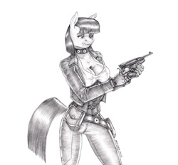 Size: 1349x1250 | Tagged: safe, artist:baron engel, imported from derpibooru, maud pie, anthro, earth pony, anthrofied, belt, between breasts, boulder (g4), breasts, busty maud pie, choker, cleavage, clothes, corset, female, grayscale, gun, jacket, mare, monochrome, pants, pencil drawing, shirt, simple background, solo, story in the source, story included, traditional art, weapon, white background