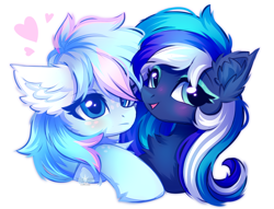 Size: 2000x1525 | Tagged: safe, artist:fluffywhirlpool, imported from derpibooru, oc, oc only, oc:dove lilac, oc:flaming dune, pegasus, pony, blue eyes, blushing, bust, chest fluff, cute, duo, duo female, ear fluff, eyeshadow, female, floating heart, freckles, gift art, green eyes, heart, hug, looking at someone, looking away, love, makeup, mare, multicolored mane, open mouth, open smile, pegasus oc, portrait, shipping, shy, simple background, smiling, white background