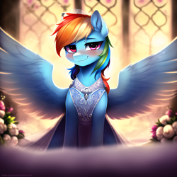 Size: 2560x2560 | Tagged: safe, imported from derpibooru, rainbow dash, pegasus, pony, ai content, ai generated, blushing, clothes, dress, ear fluff, female, front view, generator:novelai, generator:stable diffusion, high res, looking at you, mare, marriage, peytral, smiling, smiling at you, solo, spread wings, sternocleidomastoid, wedding, wedding dress, wings