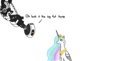 Size: 640x322 | Tagged: safe, artist:nismorose, imported from derpibooru, princess celestia, alicorn, pony, annoyed, chest fluff, crown, ear fluff, ethereal mane, female, glados, horn, insult, jewelry, mare, portal (valve), regalia, simple background, sparkly mane, speech, talking, text, wavy mane, white background, wings