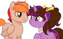 Size: 1052x652 | Tagged: safe, artist:kathepart, imported from derpibooru, oc, oc only, oc:fededash, oc:kathepaint, pegasus, pony, unicorn, brown mane, collar, couple, duo, hair bun, orange eyes, simple background, white background