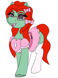 Size: 598x800 | Tagged: safe, artist:gray star, derpibooru exclusive, imported from derpibooru, oc, oc only, oc:wella heartsong, earth pony, derpibooru community collaboration, 2023 community collab, bow, clothes, glasses, hair bow, love ball, poké ball, pokémon, simple background, solo, stockings, thigh highs, transparent background