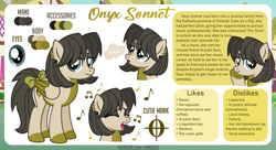 Size: 1200x655 | Tagged: safe, artist:jennieoo, imported from derpibooru, oc, oc:onyx sonnet, pegasus, pony, bio, looking at you, piercing, poker face, reference, reference sheet, show accurate, simple background, singing, smiling, smiling at you, solo