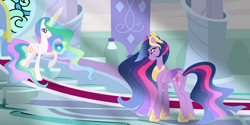 Size: 1280x640 | Tagged: safe, artist:existencecosmos188, imported from derpibooru, princess celestia, twilight sparkle, alicorn, pony, the last problem, base used, butt, duo, ethereal mane, ethereal tail, female, glowing, glowing horn, hoof shoes, horn, indoors, long mane, long tail, magic, mare, older, older twilight, plot, princess twilight 2.0, raised hoof, slim, starry mane, tail, tall, telekinesis, twilight sparkle (alicorn)
