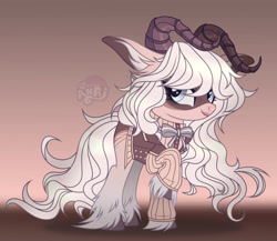 Size: 1280x1112 | Tagged: safe, artist:emperor-anri, imported from derpibooru, oc, oc only, pony, bow, bowtie, clothes, colored hooves, ear fluff, female, horns, long ears, mare, raised hoof, ram horns, smiling, solo, unshorn fetlocks, white hair