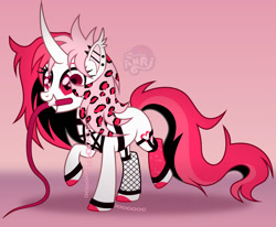 Size: 1280x1053 | Tagged: safe, artist:emperor-anri, imported from derpibooru, oc, oc only, pony, unicorn, bracelet, chains, colored hooves, curved horn, cute, cute little fangs, ear fluff, ear piercing, fangs, female, fishnets, garter belt, garters, heart, heart eyes, horn, jewelry, leopard print, long tail, mare, pentagram, piercing, pink hair, raised hoof, solo, tail, unicorn oc, whip, wingding eyes