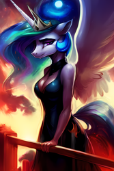 Size: 2048x3072 | Tagged: safe, imported from derpibooru, princess celestia, alicorn, anthro, ai content, ai generated, breasts, cleavage, clothes, dress, generator:stable diffusion, jewelry, looking at you, reasonably sized breasts, regalia, solo, spread wings, wings