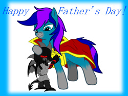 Size: 1200x900 | Tagged: safe, artist:darknazawrath, imported from derpibooru, oc, oc only, dragon, earth pony, cape, clothes, coat markings, dragon oc, duo, earth pony oc, father's day, non-pony oc, smiling, socks (coat markings)