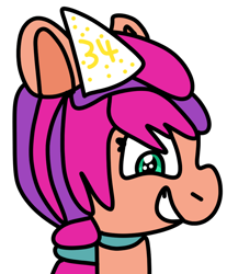 Size: 814x981 | Tagged: safe, artist:jadeharmony, imported from derpibooru, sunny starscout, earth pony, pony, birthday, bust, cute, female, g5, grin, hat, mare, party hat, simple background, smiling, solo, sunnybetes, transparent background, vanessa hudgens