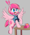 Size: 815x935 | Tagged: safe, artist:thebatfang, oc, oc:sweet serving, pegasus, pony, belly button, box, button popping, clothes, donut, eating, exclamation point, feather, flying, food, freckles, necktie, pegasus oc, police officer, police uniform, shirt, solo, table, wings