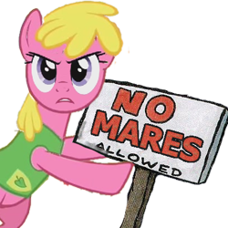 Size: 412x412 | Tagged: safe, imported from twibooru, cherry berry, earth pony, pony, angry, female, image, looking at you, mare, no fun allowed, no mares allowed, png, pointing, reference, sign, simple background, solo, transparent background, winter wrap up vest