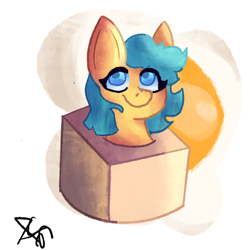 Size: 2048x2048 | Tagged: safe, artist:spoogles, oc, oc only, oc:boxfilly, pegasus, box, egg (food), female, filly, food, looking up, omelette, signature, simple background, smiling, solo