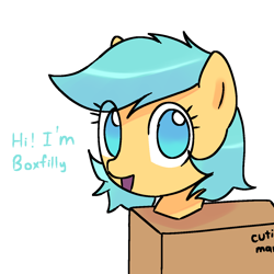 Size: 1280x1280 | Tagged: safe, artist:omelettepony, oc, oc only, oc:boxfilly, pegasus, box, cute, eye clipping through hair, fake cutie mark, female, filly, looking at you, open mouth, open smile, simple background, smiling, smiling at you, talking, talking to viewer, text, white background