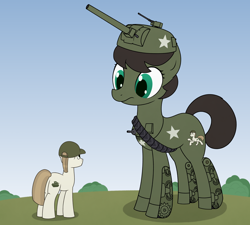 Size: 4000x3600 | Tagged: safe, artist:superderpybot, tank, oc, oc only, earth pony, original species, pony, tank pony, cap, featured image, hat, looking at each other, m4 sherman, ponified, ponified vehicle, sherman, simple background, surprised
