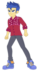 Size: 1900x3629 | Tagged: safe, artist:gmaplay, imported from derpibooru, flash sentry, human, cheer you on, equestria girls, equestria girls series, spoiler:eqg series (season 2), blue sneakers, clothes, denim, determined smile, jeans, pants, red shirt, simple background, solo, transparent background