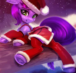 Size: 1024x974 | Tagged: safe, artist:xbi, imported from derpibooru, oc, oc only, unnamed oc, earth pony, pony, 30 minute art challenge finished after, ai assisted, ai content, christmas, christmas stocking, female, freckles, hat, holiday, looking at you, mare, night, santa hat, solo, stars