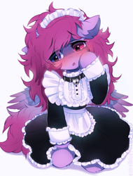 Size: 1842x2421 | Tagged: safe, artist:astralblues, imported from derpibooru, oc, oc only, oc:veen, pegasus, pony, :o, bell, bell collar, blushing, clothes, collar, commission, ear fluff, eye clipping through hair, eyebrows, eyebrows visible through hair, female, freckles, heterochromia, hoof on face, kneeling, maid, maid headdress, mare, no nose, open mouth, pegasus oc, simple background, solo, white background