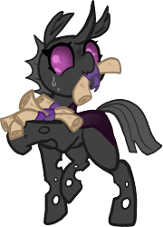 Size: 783x1087 | Tagged: safe, artist:nootaz, imported from derpibooru, oc, oc only, changeling, commission, cute, cuteling, mouth hold, purple changeling, scroll, simple background, solo, transparent background