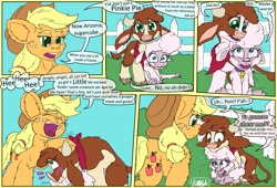 Size: 1584x1080 | Tagged: safe, artist:firefanatic, imported from derpibooru, applejack, cow, earth pony, lamb, pony, sheep, them's fightin' herds, applejack's hat, arizona (tfh), chest fluff, comic, community related, cowboy hat, dialogue, fence, fluffy, hat, pom (tfh), talking