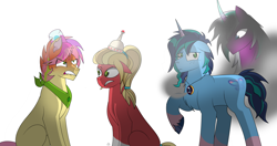 Size: 4200x2220 | Tagged: safe, artist:ectttan, imported from derpibooru, opaline arcana, sprout cloverleaf, alicorn, earth pony, pony, unicorn, angry, confused, dew daybreak, evil, eye clipping through hair, female, frown, g5, garland grow, group, high res, jewelry, male, male alicorn, mare, misty brightdawn, necklace, orion arcana, posey bloom, quartet, raised hoof, rule 63, sapling trefoil, scared, simple background, sitting, stallion, white background