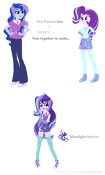 Size: 794x1314 | Tagged: safe, artist:prettycelestia, imported from derpibooru, princess luna, starlight glimmer, oc, oc:moonlight orpheus, equestria girls, clothes, eyeshadow, four eyes, fusion, fusion:princess luna, fusion:starlight glimmer, fusion:starluna, fusion:vice principal luna, gloves, lipstick, long gloves, makeup, scarf, simple background, socks, striped mane, thigh highs, uniform, vice principal luna, white background