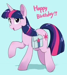 Size: 2507x2780 | Tagged: safe, artist:gakushuogawa, imported from derpibooru, twilight sparkle, pony, unicorn, bag, blue background, cyan background, female, happy birthday, horn, mare, saddle bag, simple background, smiling, solo, text, unicorn twilight