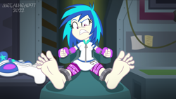Size: 8000x4500 | Tagged: safe, alternate version, artist:metalhead97, imported from derpibooru, dj pon-3, vinyl scratch, human, equestria girls, equestria girls series, annoyed, barefoot, bondage, bondage cuffs, bondage gear, breasts, chair, clothes, cuffs, feet, female, fetish, foot fetish, foot focus, gritted teeth, indoors, laboratory, ponytail, reclining, shoes, short hair, sitting, solo, teeth, worried