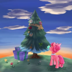 Size: 4096x4096 | Tagged: safe, artist:felldeal, imported from derpibooru, earth pony, pony, series:daily drawing december, bubblegum, christmas, christmas tree, cloud, female, flower, food, g5, gum, holiday, looking up, magic wand, mare, present, ribbon, sweets (g5), tree