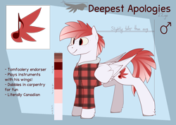 Size: 7017x4960 | Tagged: safe, artist:renderpoint, imported from derpibooru, oc, oc only, oc:deepest apologies, pegasus, pony, clothes, concave belly, folded wings, male, redesign, reference sheet, slim, solo, stallion, text, thin, unmoving plaid, wings