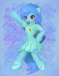 Size: 1703x2221 | Tagged: safe, artist:speedy dashie, imported from derpibooru, oc, oc only, oc:zerol acqua, semi-anthro, unicorn, abstract background, book, clothes, cute, dress, female, jewelry, necklace, shoes, solo