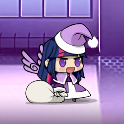 Size: 1750x1750 | Tagged: safe, artist:deroach, imported from derpibooru, twilight sparkle, alicorn, human, christmas, clothes, costume, hat, holiday, humanized, meme, padoru, santa costume, santa hat, solo, twilight sparkle (alicorn), winged humanization, wings