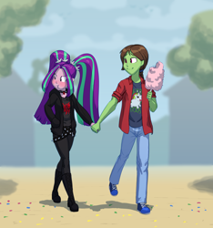 Size: 5474x5841 | Tagged: safe, artist:carnifex, imported from derpibooru, aria blaze, oc, oc:tokamak, human, comic:we will be adored, equestria girls, alternate clothes, canon x oc, cotton candy, duo, female, holding hands, humanized, humanized oc, male, shipping, straight, tsundaria, tsundere, walking