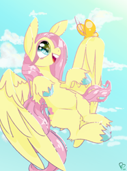 Size: 900x1210 | Tagged: safe, artist:pagophasia, derpibooru exclusive, imported from derpibooru, fluttershy, butterfly, pegasus, pony, cloud, colored hooves, cute, daytime, eye reflection, female, flying, impossibly long eyelashes, looking up, open mouth, open smile, reflection, shyabetes, smiling, solo, teeth, unshorn fetlocks