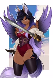 Size: 1383x2048 | Tagged: safe, artist:u_lu_lu, imported from derpibooru, oc, oc:alexus nictivia, anthro, hybrid, pegasus, clothes, corset, hybrid oc, pegasus oc, pirate, solo, spread wings, stockings, sword, thigh highs, weapon, wings