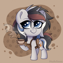 Size: 2000x2000 | Tagged: safe, artist:madelinne, imported from derpibooru, oc, oc only, oc:soothing song, pony, unicorn, chibi, clothes, coffee, coffee mug, commission, maid, mug, solo