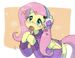 Size: 2601x2022 | Tagged: safe, artist:fuyugi, imported from derpibooru, fluttershy, pegasus, pony, blushing, breath, clothes, cute, earmuffs, female, hooves together, mare, moe, open mouth, shyabetes, solo, sweater, sweatershy