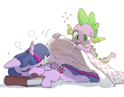 Size: 2724x2121 | Tagged: safe, artist:fuyugi, imported from derpibooru, spike, twilight sparkle, alicorn, dragon, pony, blanket, book, cup, cute, duo, eyes closed, female, floppy ears, folded wings, horn, lying down, male, mare, one eye closed, open mouth, prone, simple background, sleeping, spikabetes, teacup, tucking in, twiabetes, twilight sparkle (alicorn), white background, wings