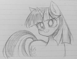 Size: 1401x1080 | Tagged: safe, artist:namaenonaipony, imported from derpibooru, twilight sparkle, pony, unicorn, female, grayscale, lined paper, mare, monochrome, sketch, smiling, solo, traditional art, unicorn twilight