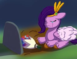 Size: 2000x1536 | Tagged: safe, artist:the crystal artist, derpibooru exclusive, imported from derpibooru, pipp petals, pegasus, pony, bouquet, crying, dark sky, ears back, eyes closed, female, flower, full body, g5, gravestone, implied death, jewelry, lineless, lying down, mare, mourning, prone, sad, shading, solo, tiara