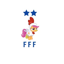 Size: 720x720 | Tagged: safe, imported from derpibooru, scootaloo, bird, chicken, pegasus, pony, football, france, scootachicken, simple background, solo, sports, white background